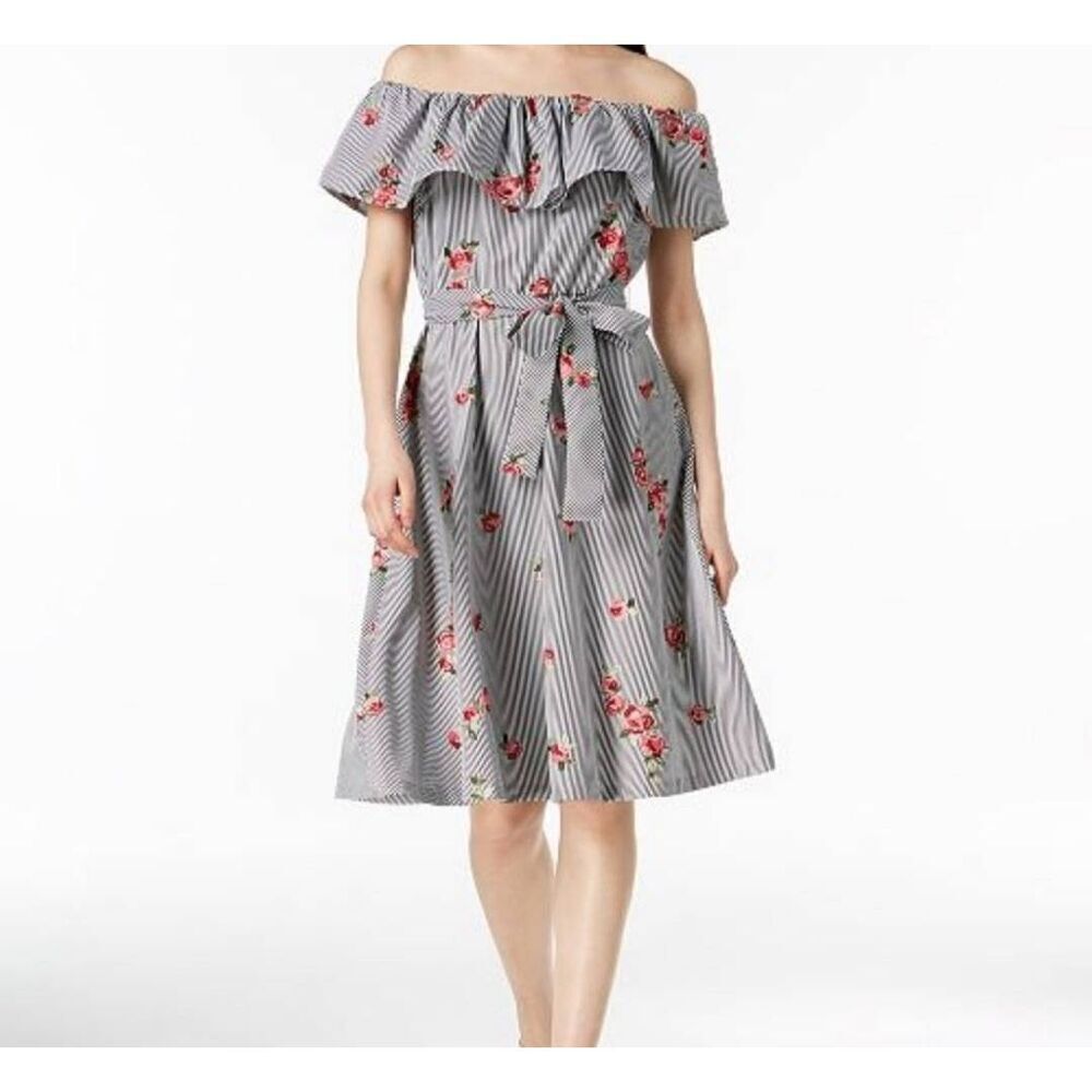 Calvin Klein off shoulder embroidered pinstripe floral dress size 4